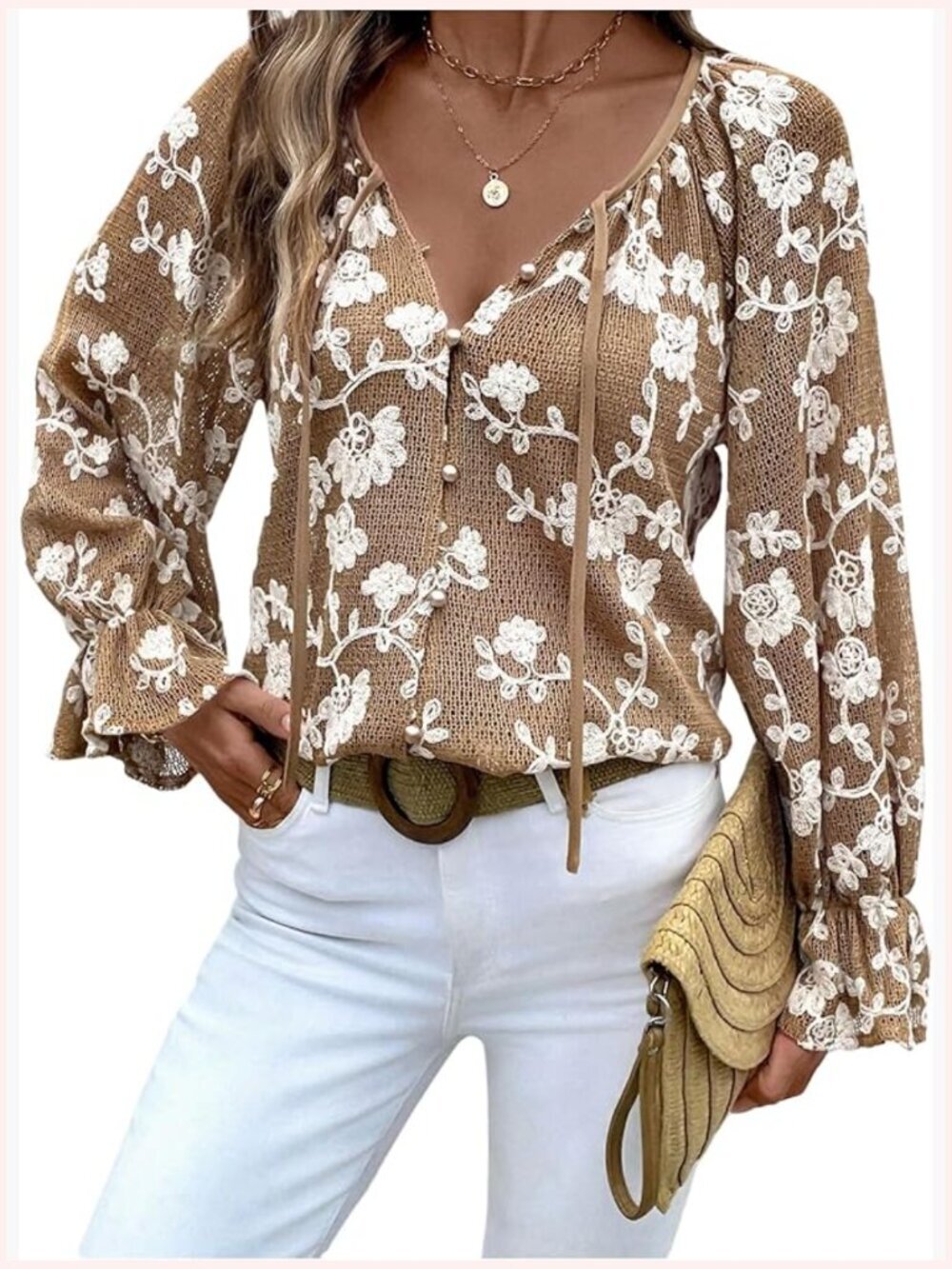 Women's Floral Blouse V Neck Button Down Long Sleeve Tie Front Casual Top